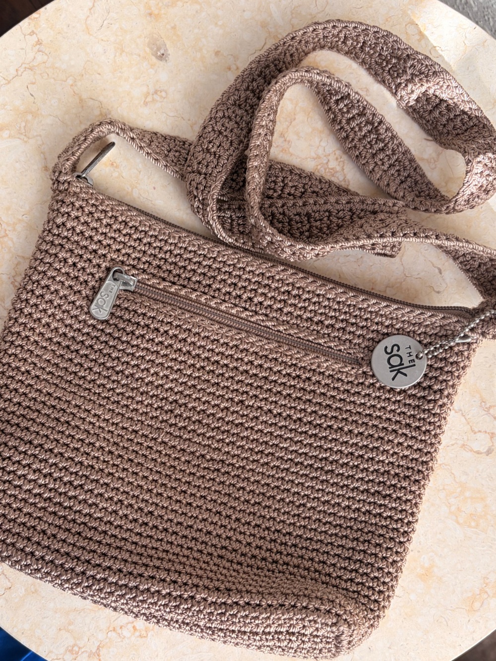 The Sak Crochet Crossbody Bag in Taupe